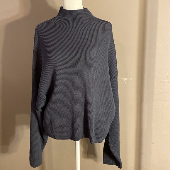 Zara Sz M Oversize Ribbed Crop Pullover Sweater Gray Dolman Sleeves Mock Neck - Picture 1 of 9
